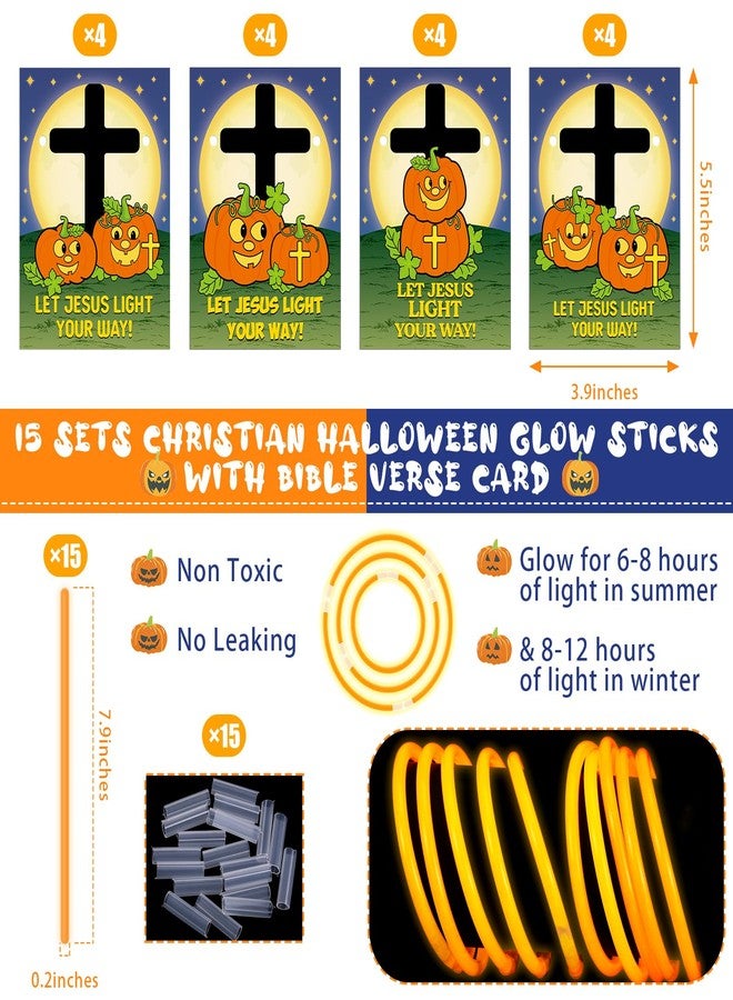 مجموعة MiniInflat المكونة من 15 عصا مضيئة مسيحية للهالوين مع بطاقة هدية عليها آية من الكتاب المقدس، تتضمن 15 قطعة من بطاقات هدايا اليقطين الدينية و15 قطعة من العصي المضيئة البرتقالية في الظلام للفصول الدراسية ومدارس الأحد - Image 2